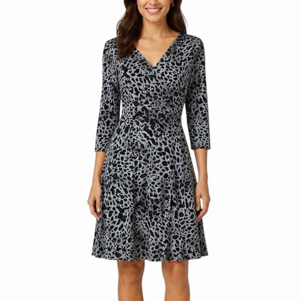 Ellen Tracy Faux Wrap Dress Size M Black Gray Snow Leopard Jersey Knit Mobwife